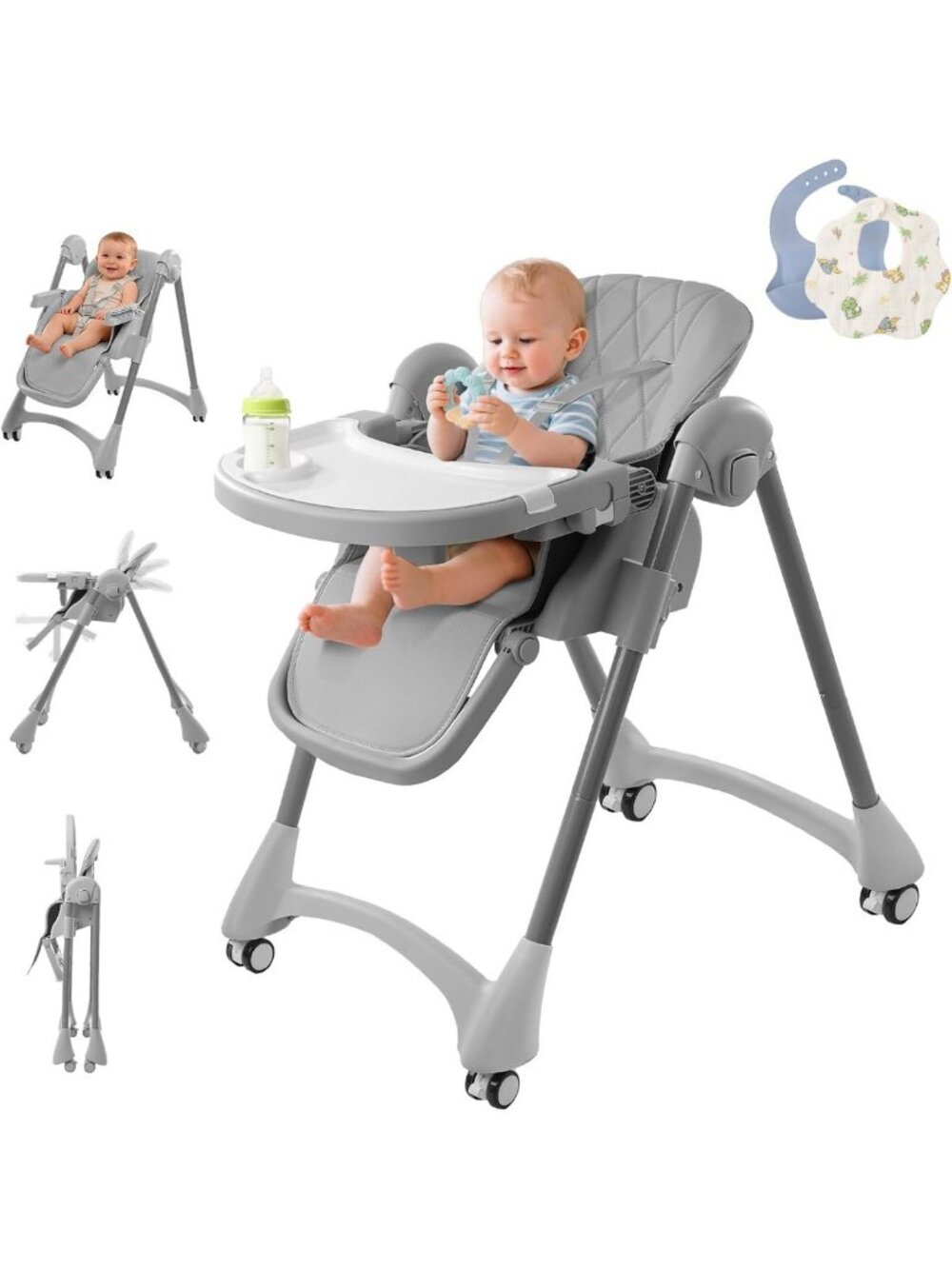 Foldable Baby High Chair with Wheels | Adjustable, Portable Highchair for